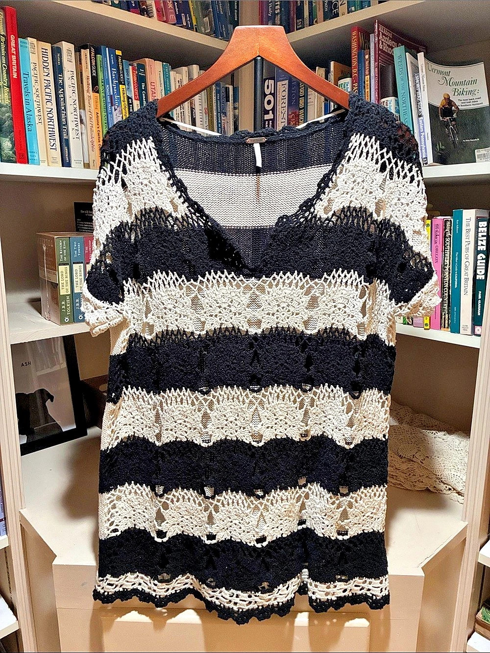 Free People Black Cream Striped Crochet Knit Tunic Top
